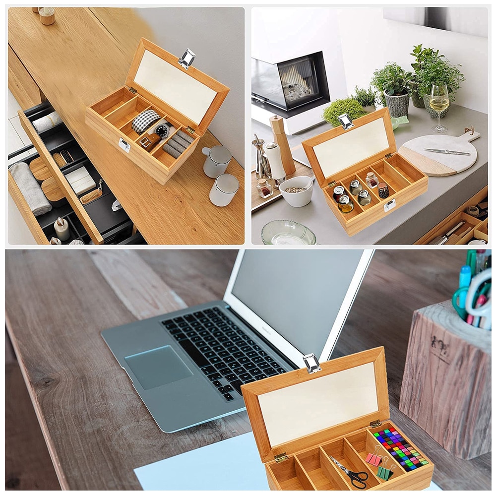 Bamboo Tea Box 5 Compartment Bamboo Tea Bags Coffee Storage Box Coffee Display Case Desktop Jewelry Cabinets Organizer Case