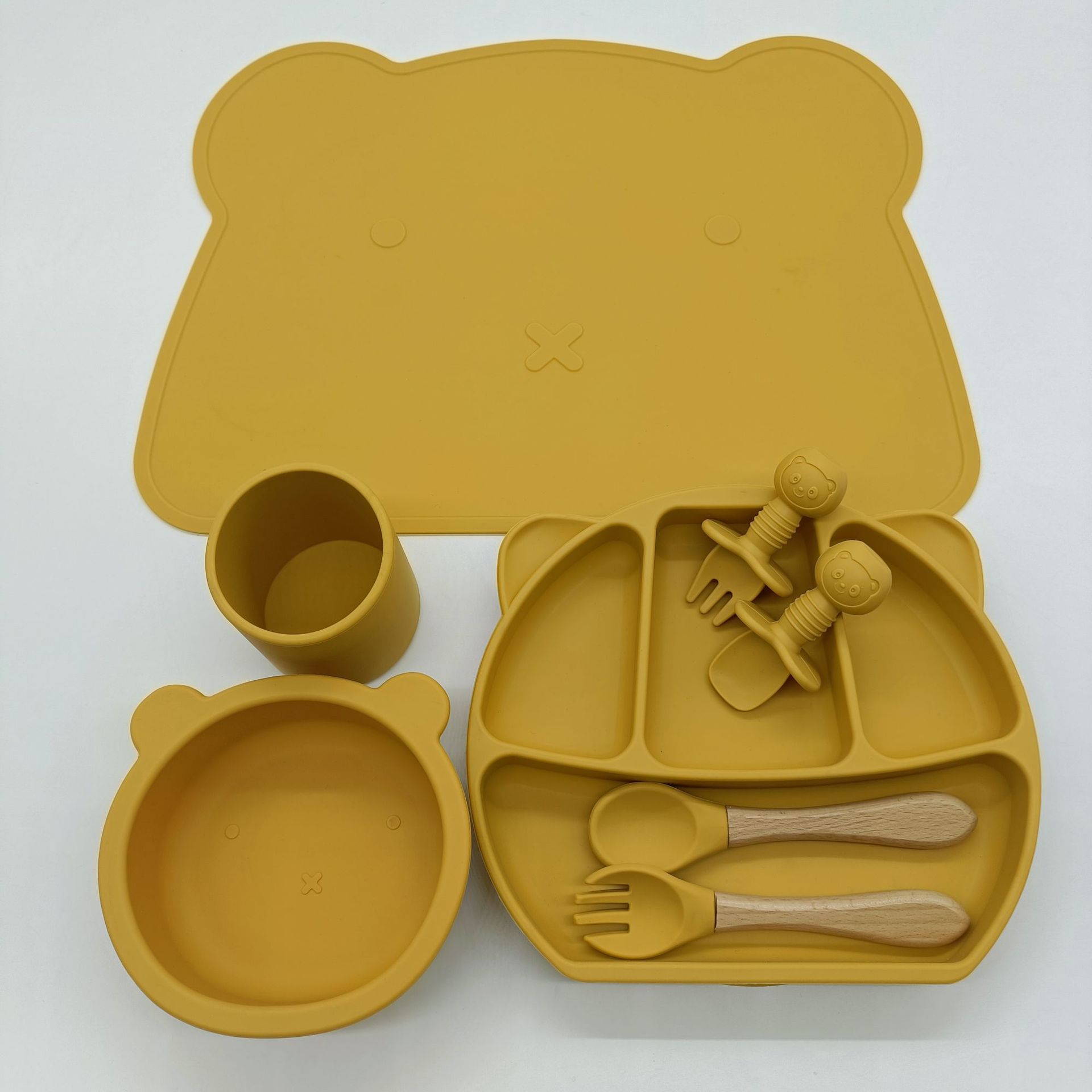 8PC Baby Silicone Sucker Plate Bowl Cup Spoon Fork Placemat Sets Food Grade Children&#39;s Compartment Training Dishes With Sucker