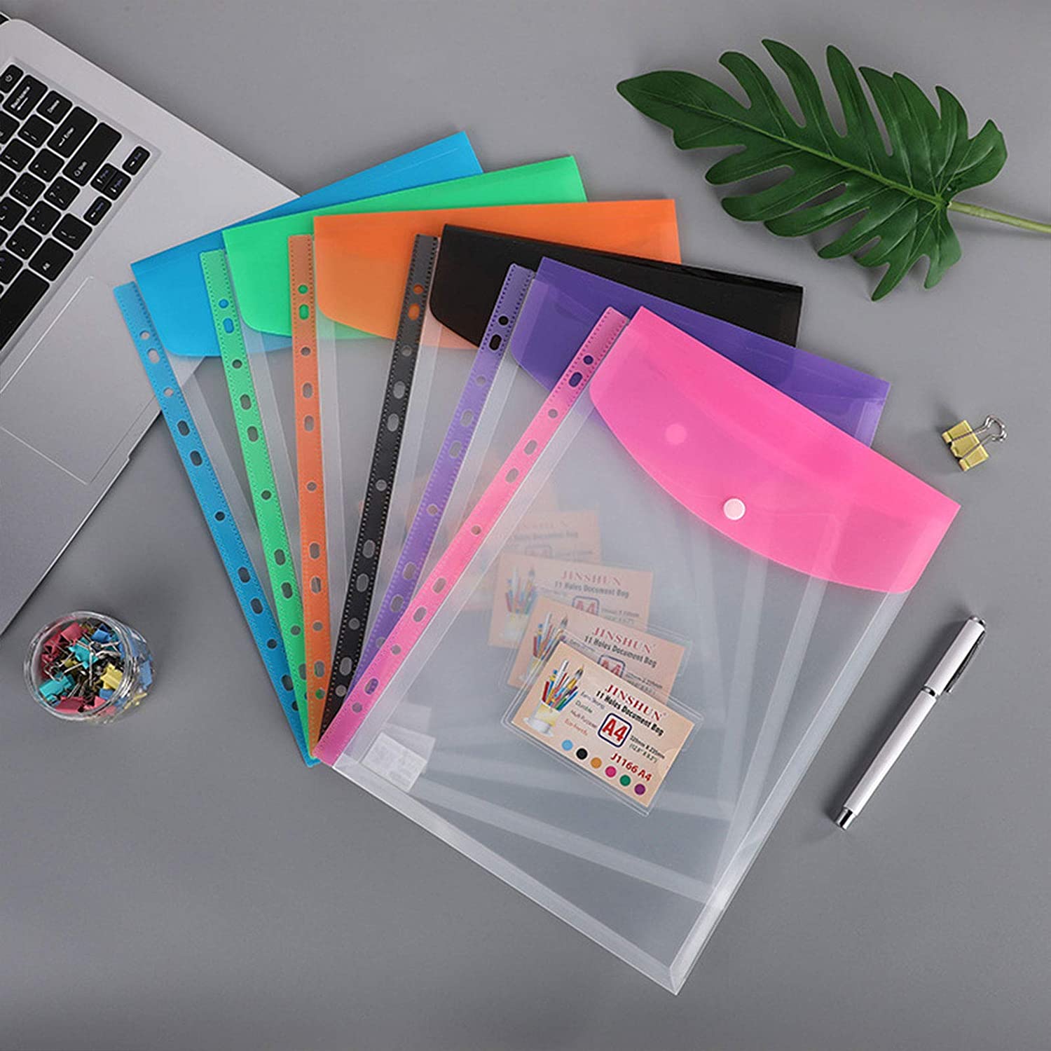 A4 Clear Plastic Punched Pockets with Button Closure for Home Office and School Files 11 Hole Binder Envelopes Folders Organizer