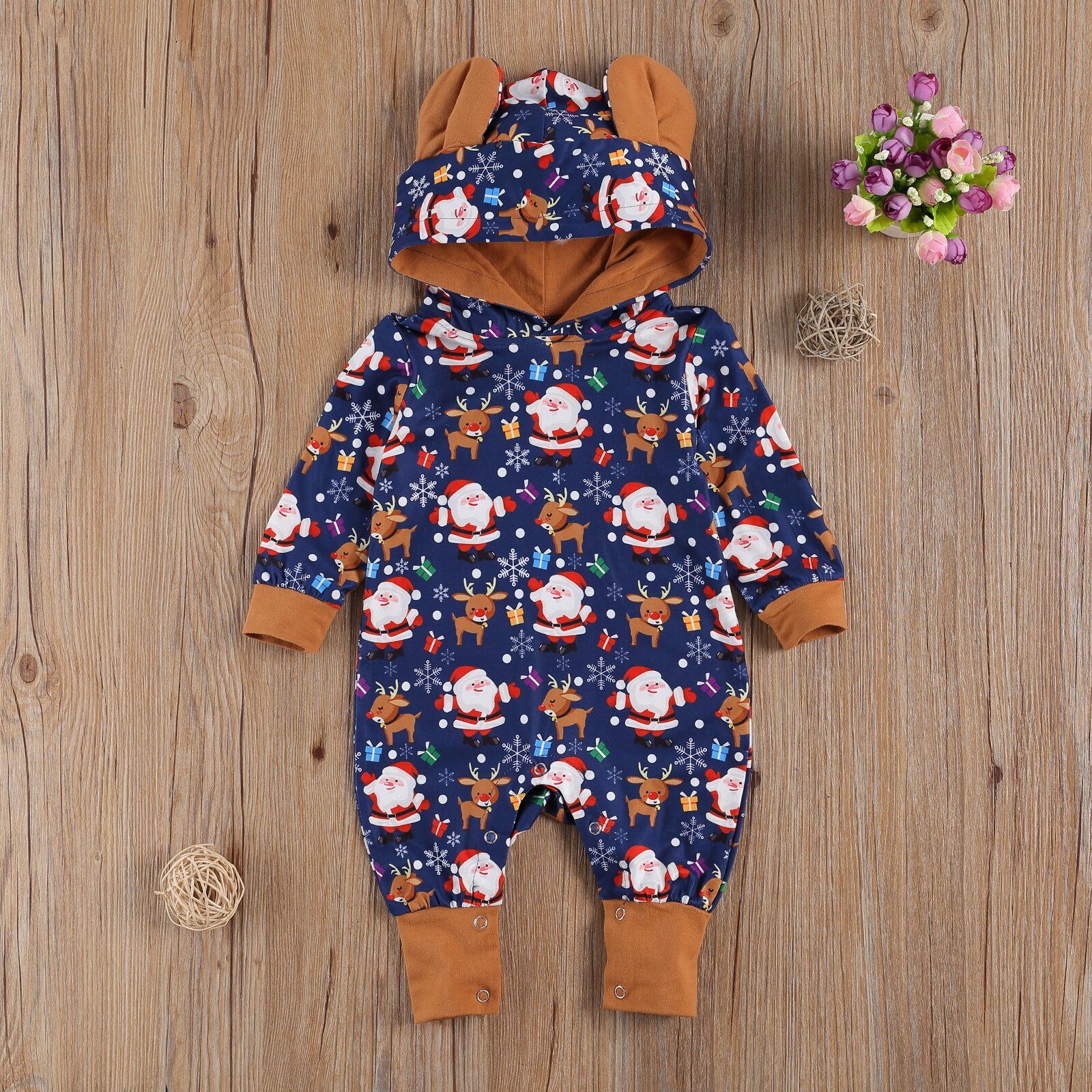 Kerst Baby Meisjes Jongens Oor Romper Pasgeboren Hooded Lange Mouwen Cartoon Print Jumpsuits 0-18M