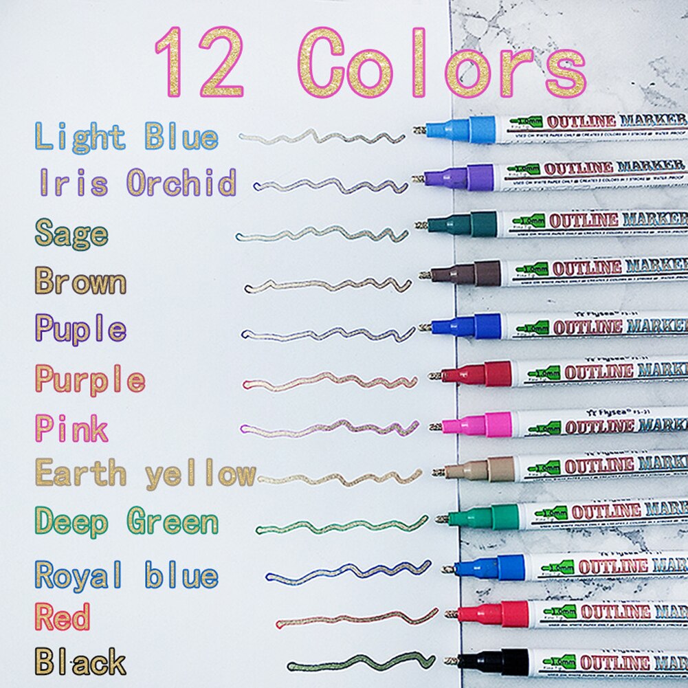 Dubbele Lijn Overzicht Pennen, 12/18 Kleuren Self-Outline Metallic Markers Glitter Outline Pennen Schrijven Tekening Pennen Doodle Verblinden Pen: 12PCS 1 set Gold