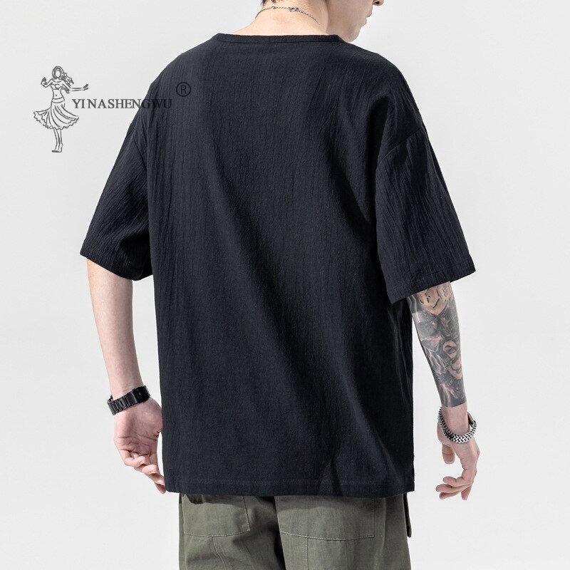 Japanse Kimono Korte Mouwen T-shirt Geborduurd Harajuku Yukata Japan Zomer Mannelijke Linnen Mannen Shirts Broek Aziatische Kostuum