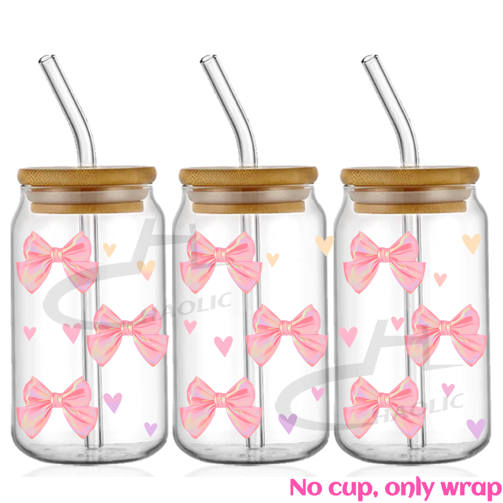 Roze zwierige strikken UV DTF Cup Wrap voor 16oz Libbey bierglas kan mooie liefde linten schattig girly Cup Wrap UV DTF sticker: Licht Groen