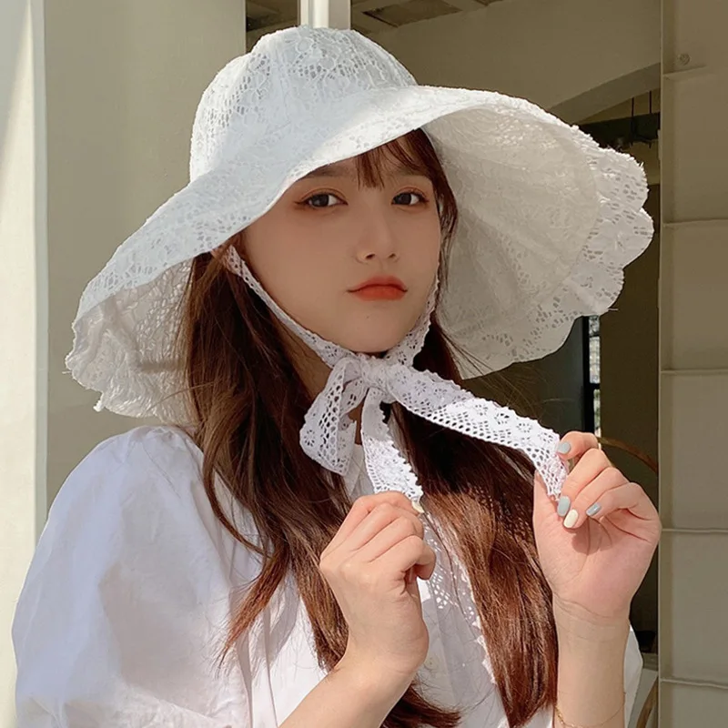 White Lace Sun Hat Summer Hats for Women Bucket Hat Beach Sunhat Large Wide Brim Summer Cap for Women