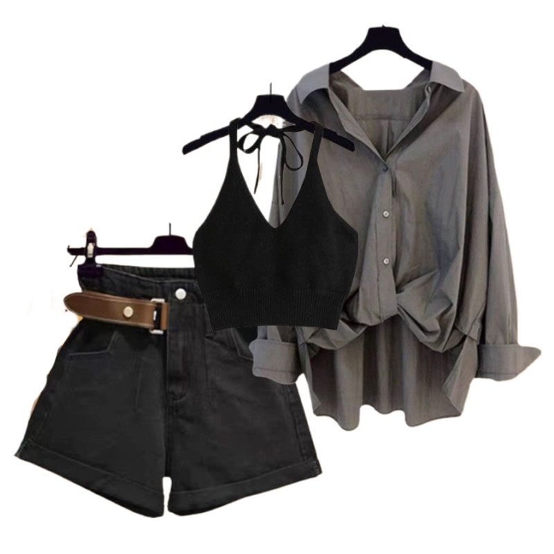 Forår/sommer sæt damesæt i western-stil, slankende, sexet tanktop, afslappet skjorte, aldersreducerende denimshorts med tre dele