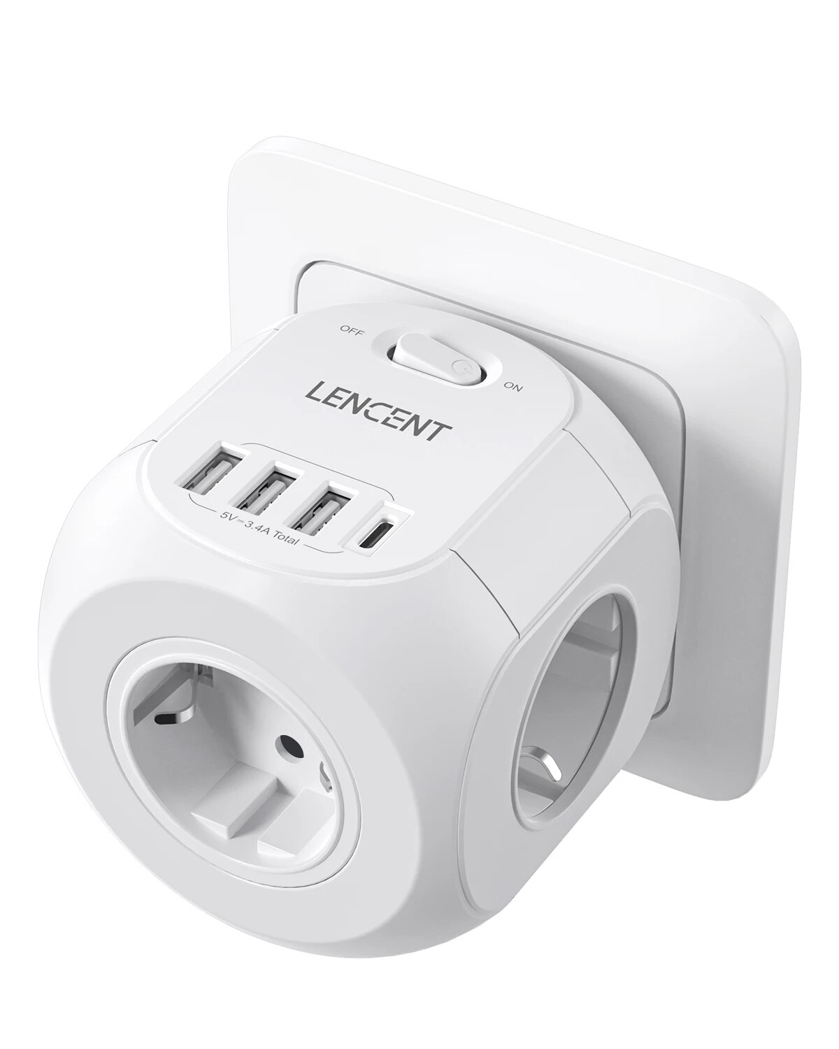 LENCENT Wandsteckdosen-Verlängerung mit 3 AC-Steckdosen, 3 USB-Anschlüssen und 1 Typ C 7-in-1 EU-Stecker-Ladegerät Ein/Aus-Schalter für Zuhause: Braun
