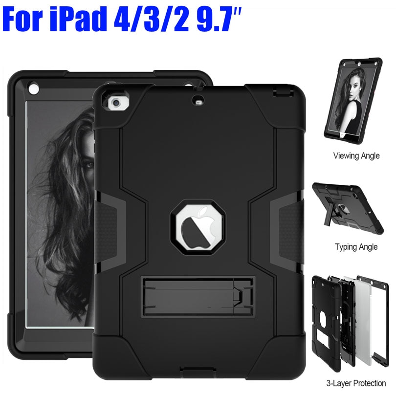 Armor Case Voor Ipad 4 3 2 9.7 Heavy Duty Silicone Tpu + Pc Hard Stand Shock Proof + screen Protector IP71