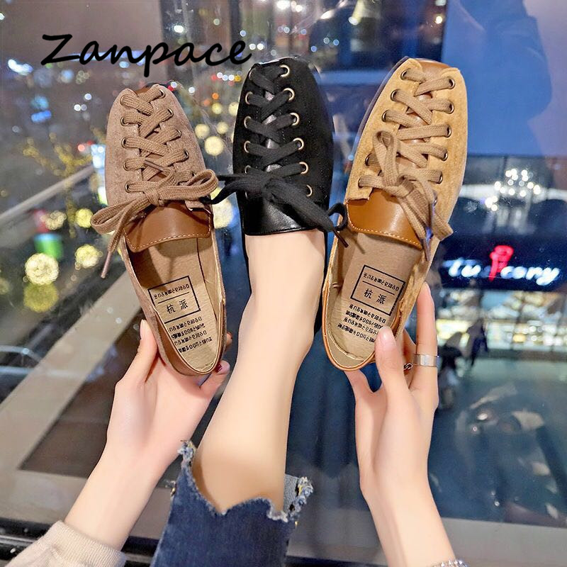 Personality Women Shoes S Spring Lace-Up Casual Loafers Soft Square Toe Flats for Women Shoes Black Loafers Women