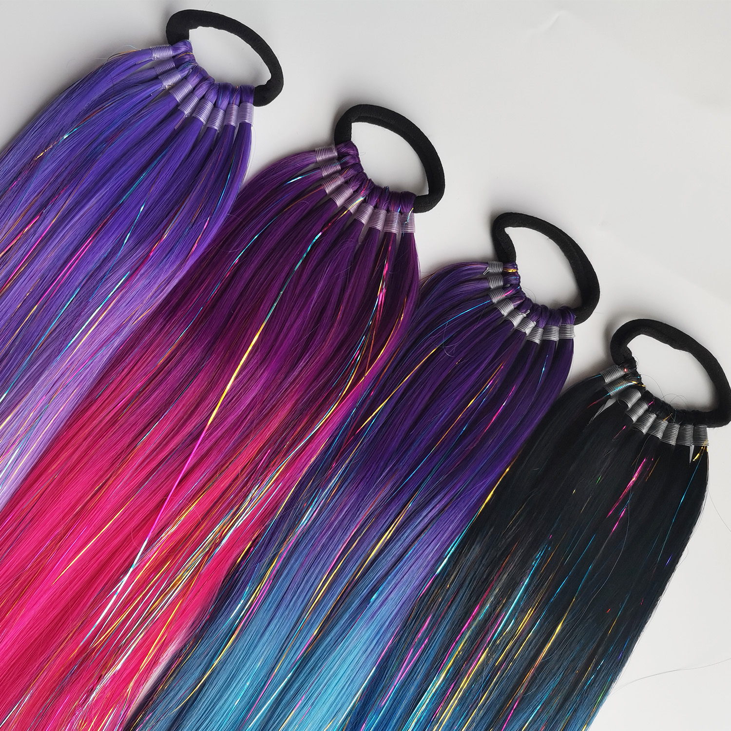 Extensão de rabo de cavalo roxo azul com laço de cabelo elástico glitter trança de cabelo para crianças meninas cabelo louco dia corajoso cabelo