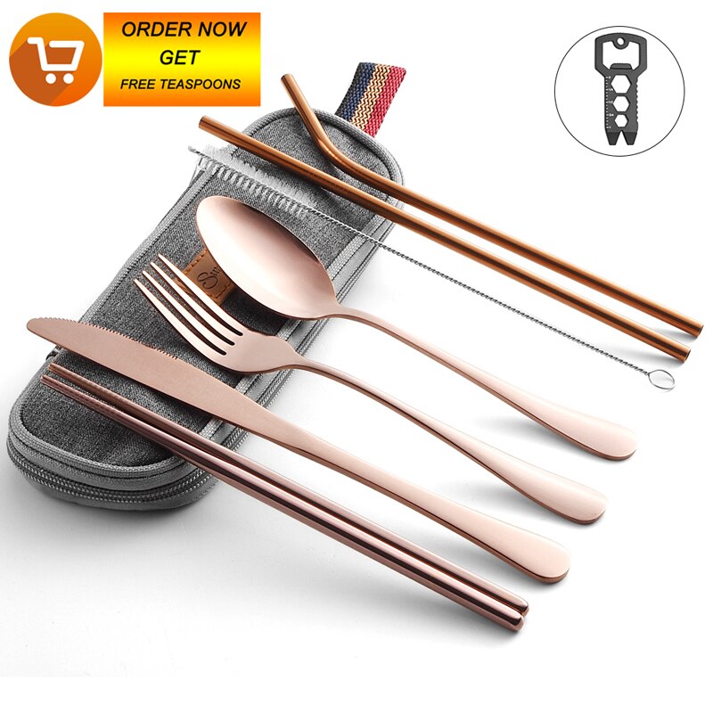 Serviesje Reizen Camping Bestek Set Herbruikbare Zilverwerk Set met Metalen Stro Lepel Vork Eetstokjes en Draagbare Case: rose gold