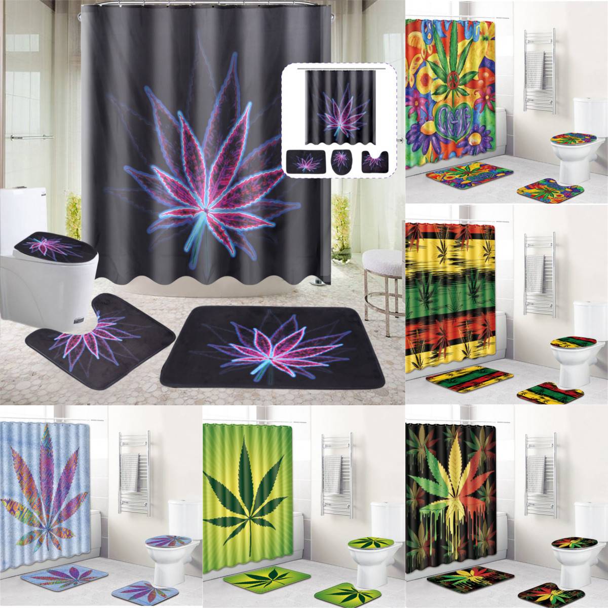 Maple Leaf Patroon Waterdicht Polyester Douchegordijn Set Non Slip Tapijten Tapijt Voor Badkamer Wc Flanel Badmat Set