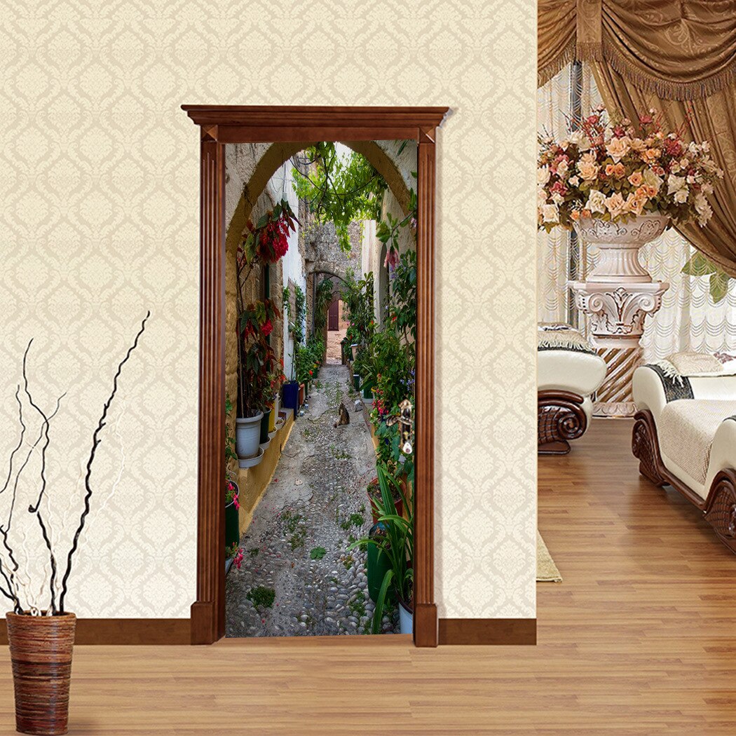Bloem Straat Stone Road Home Decoratie Deur Stickers Woonkamer Familie Slaapkamer Deur Decals Pvc Waterdichte Stereo Vision