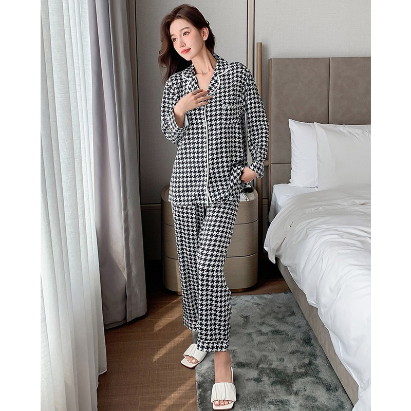 QWEEK Houndstooth Pajamas Women Silk Autumn Pijama Casual Sleepwear Bedroom Set Piece Loungewear Pyjamas Long Sleeve Pjs