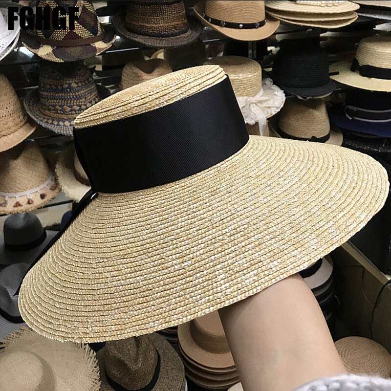 Natural Women Sun Hats Black Ribbon 9cm 13cm 15cm Flat Top Large Wide Brim Straw Hats Straw Hat Chapeu Sombrero Beach Hats