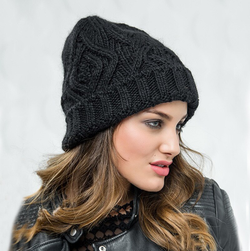 Gorro de punto para mujer, tejido elástico, suave y grueso, para la nieve: Negro