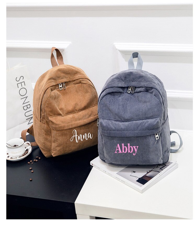 Personalisierte Cord Schwarz Navy Khaki Gary Student Rucksack Custom Bestickte Große Kapazität Schul für Schüler und Erwachsene