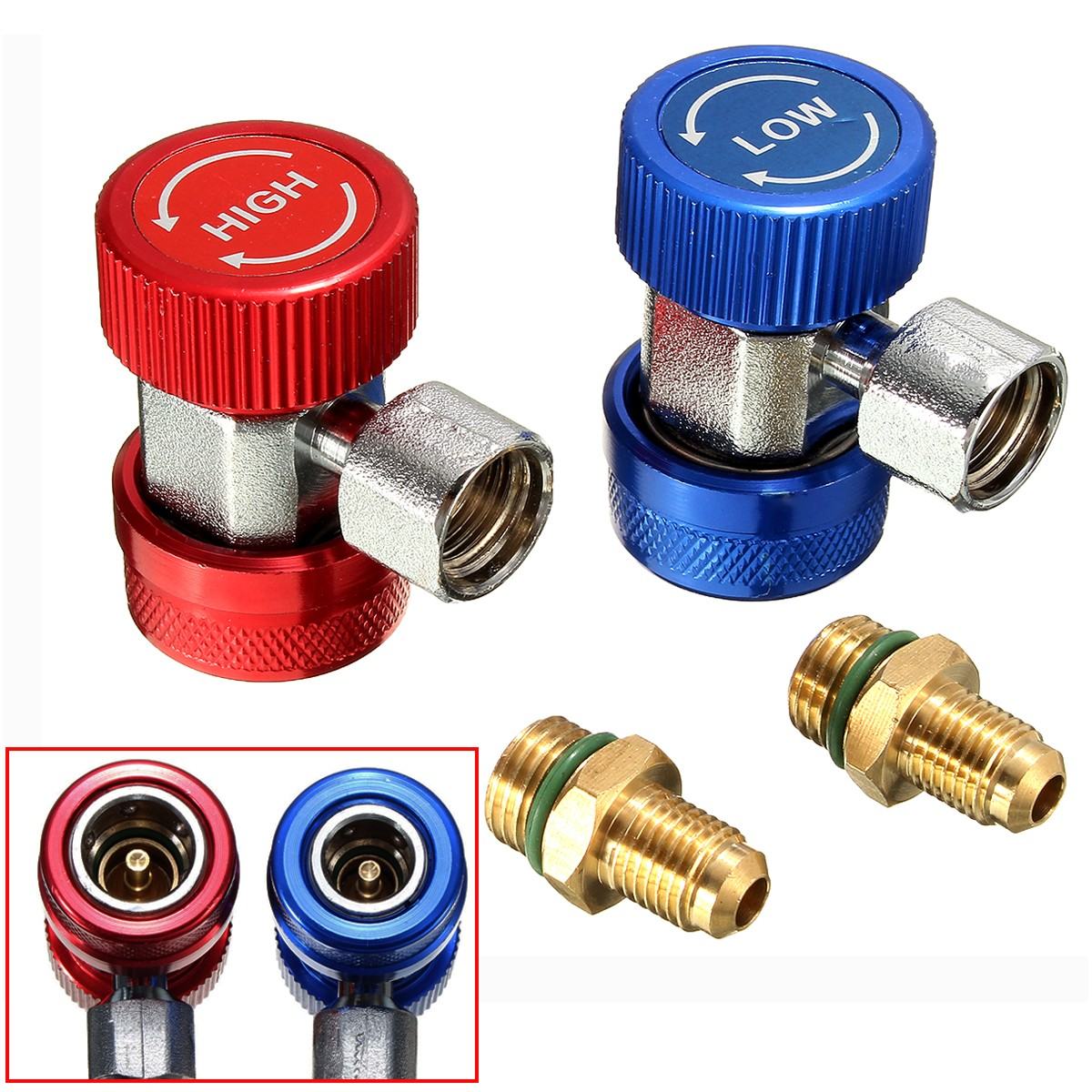 Low/High R134a Quick Connect Adapter Quick Coupler 90 Degree Valve Core Brass Adapter for A/C Manifold Gauge