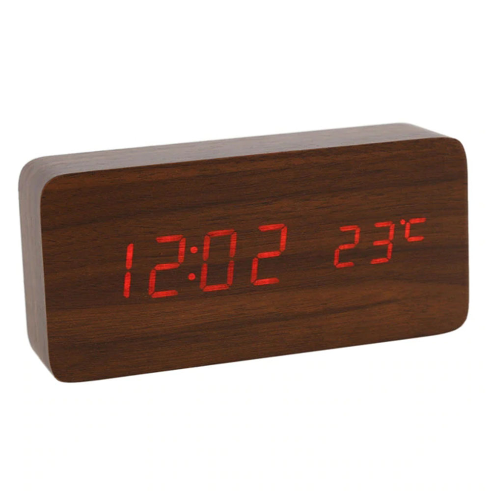reloj despertador LED con Control de voz, termómetro Digital, retroiluminación de madera, reloj Retro brillante, mesa, Despertadores luminosos: Red Number Brown