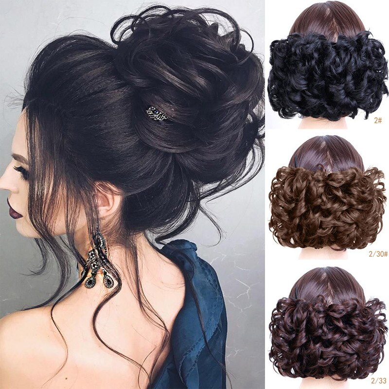 Short Curly Chignon Women's Synthetic Hair Bun Black Brown Hair Extension With Chignon Rubber band Combs in Hairpiece