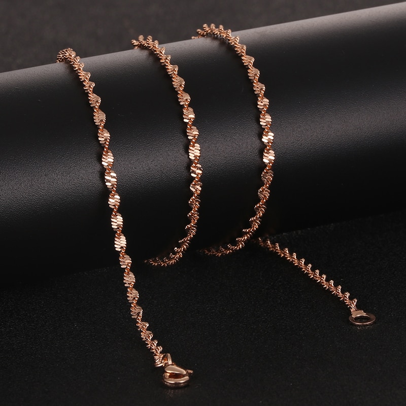 2mm Männer Frauen 585 Rose Gold Farbe Verdreht Wasser Welle Armbinde/Halskette Ketten Schmuck