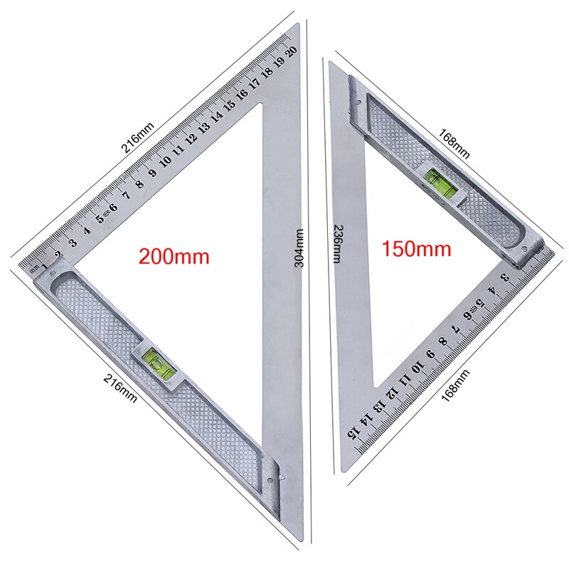 JIGUOOR 150mm 200mm Triangle Ruler Measuring Tool 90 degree Alloy with Level Bubble Bead Horizontal Woodworking
