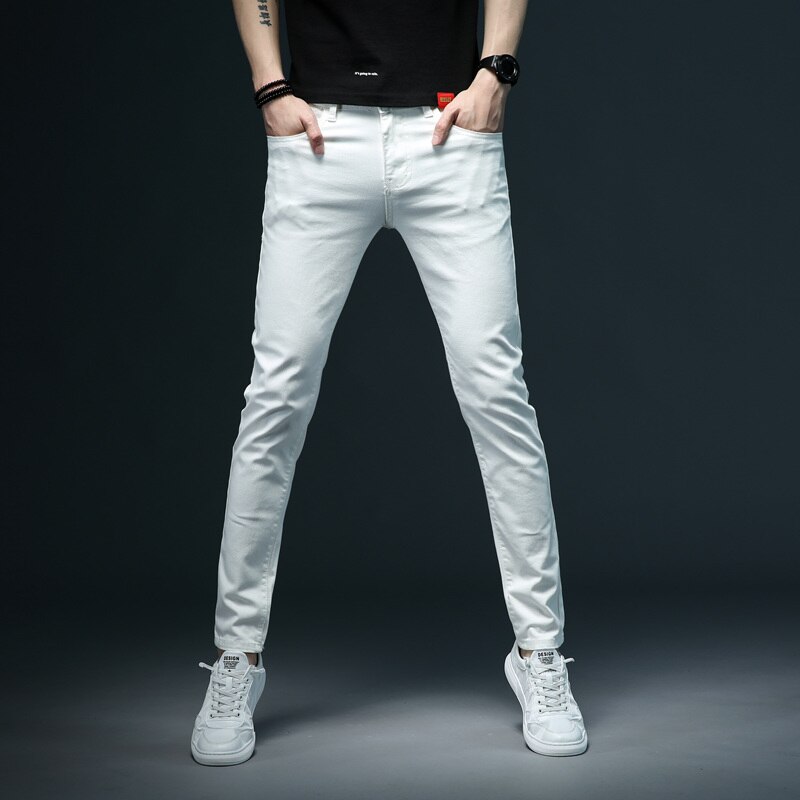 Men&#39;s White Slim Jeans Advanced Stretch Embroidery Decoration Denim Trousers Male Brand Pants 38