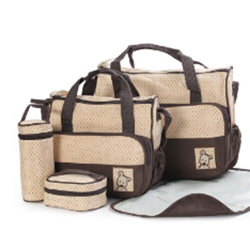 5Pcs/set Diaper Bag Suits For Mom Baby Bottle Holder Mummy Cart Pram Nappy Stroller Maternity Trolley Nappy Bag Sets: Coffee