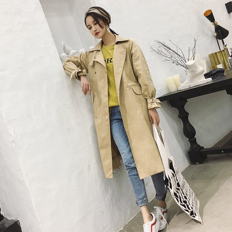 pure color long trench coat flow belt double-breasted trench coat dress