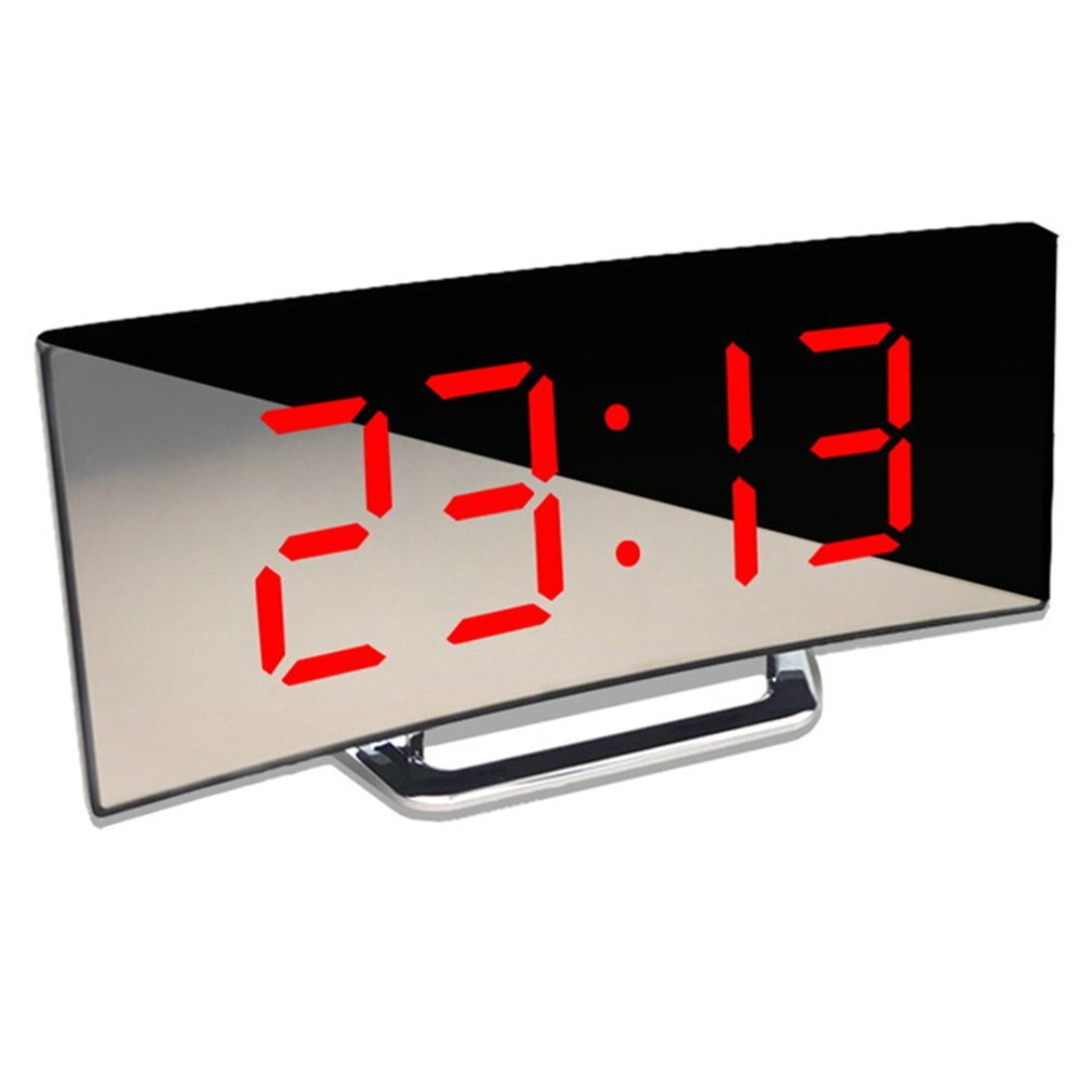 Large Screen LED Curved Surface Mirror Clock Silent Alarm Clock Desk Home Decoration Power Saving Data Storage Clock: red