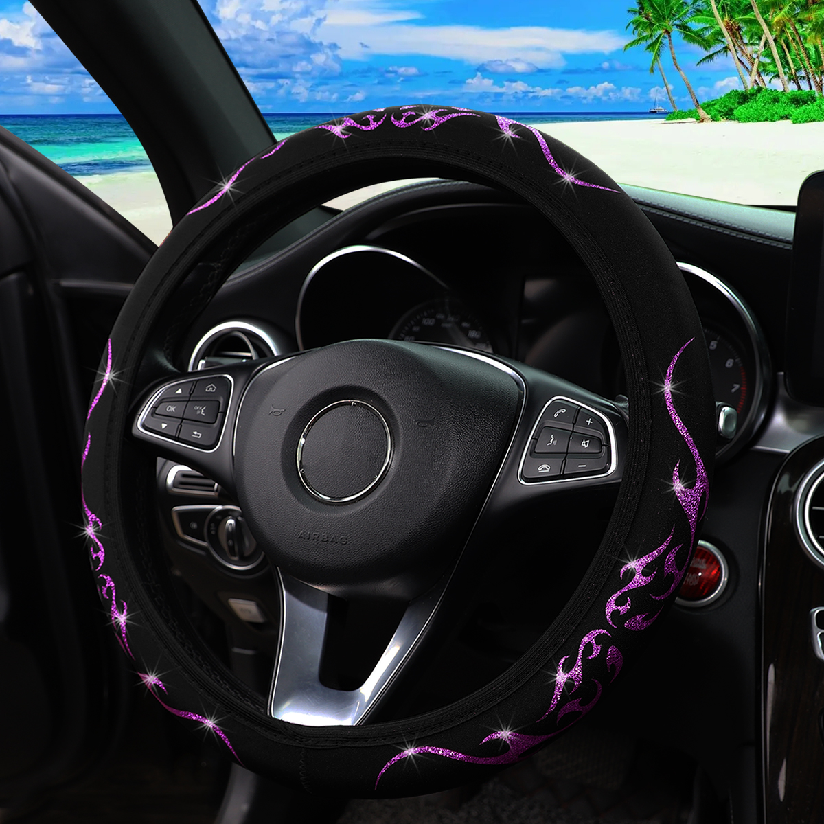 A Blingbling Flame Totem dynamic fabric car without inner ring steering wheel cover fits 14.5-15 inch automotive supplies: PURPLE