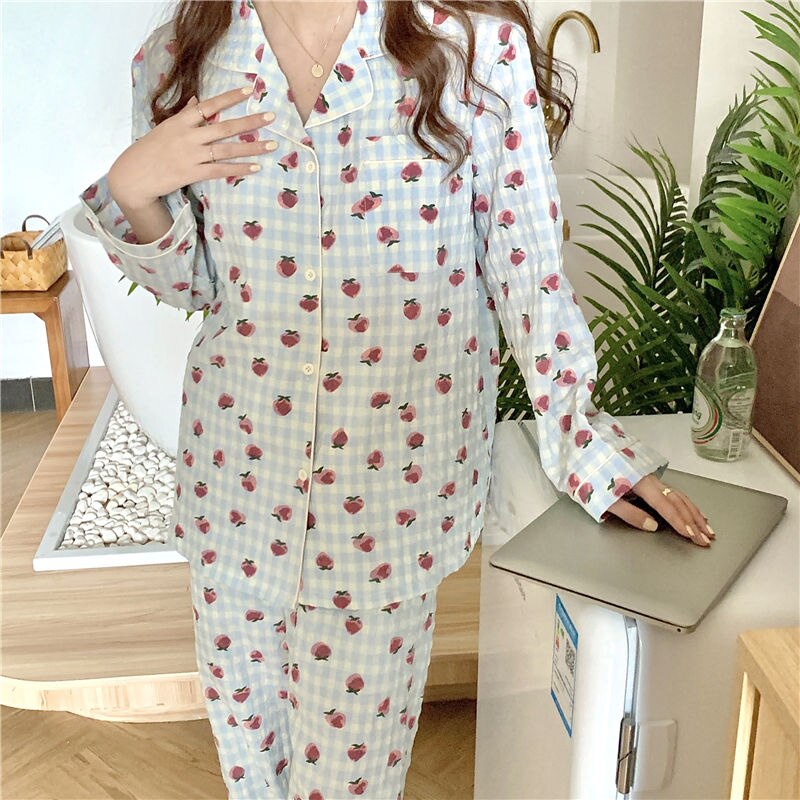 Pijama de algodón para mujer, ropa de dormir con estampado Floral coreana, conjunto de 2 piezas, para el hogar, Primavera: Peach