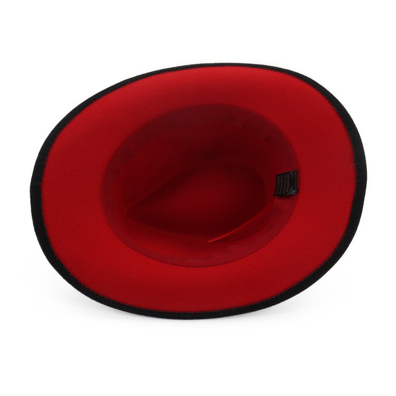 Unisex Men Women Black Red Patchwork Cowboy Felt Hat Larger Brim Panama Jazz Fedora Hats with National Style Ribbon