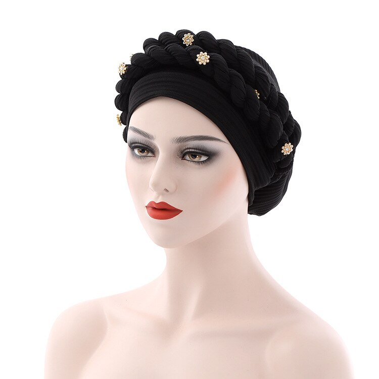 Gorros de estilo africano para mujer, turbante, autogel, musulmán, plisado, para boda mujeres musulmanas sombreros: black