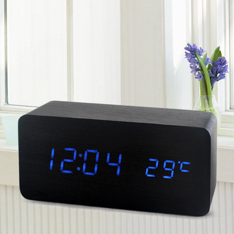 LED Intelligente Voice Control Wekker Met Thermometer, Houten Houten Klok, Digitale Horloge Klok, elektronische Klok En Kosten: Black blue light