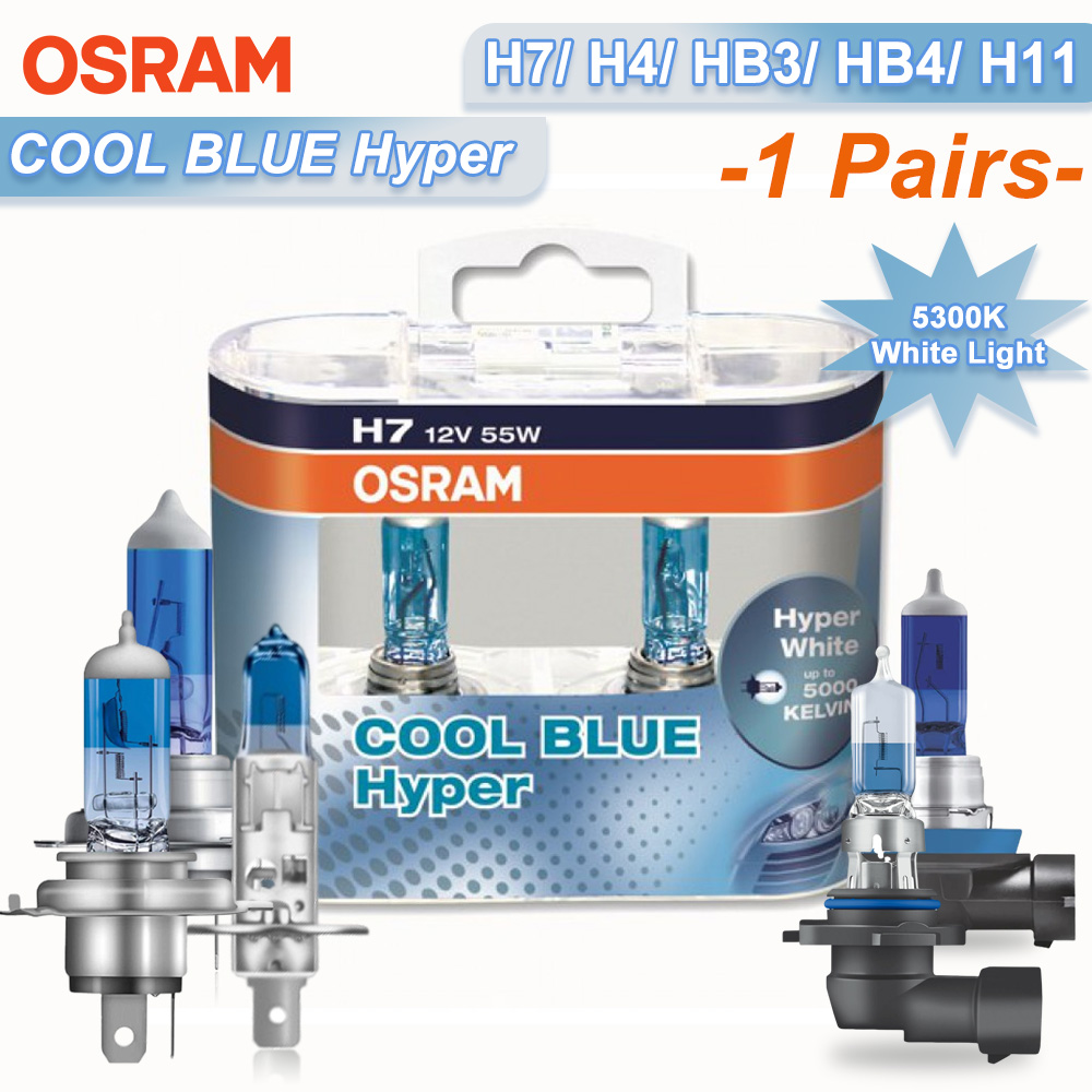 Osram cool blue hyper white  h7 h4 h1 h11 hb3 9005 hb4 9006 halogenforlygte billygte hi/lo-stråle 5300k 12v 55w pære  (2 stk.)
