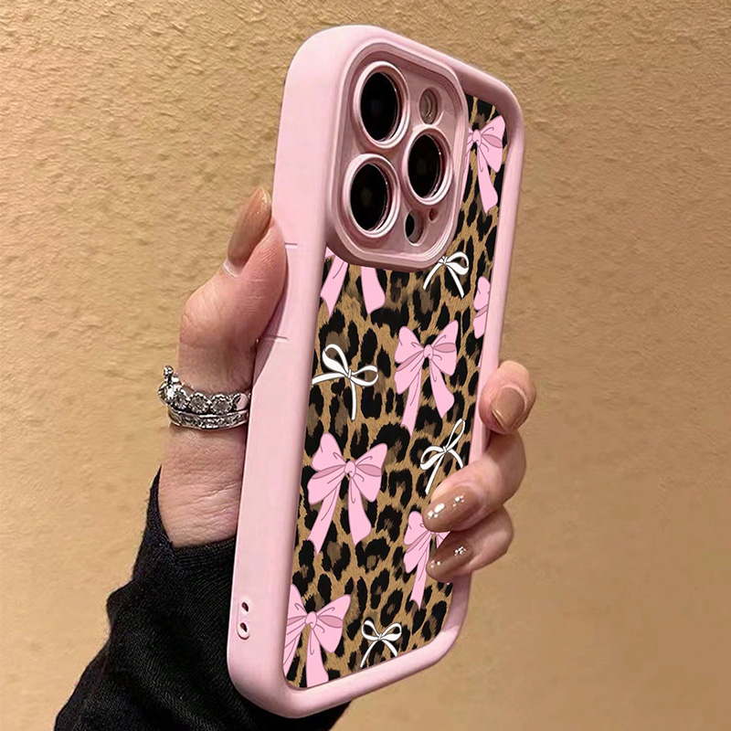 Para iPhone 15 funda con lazo rosa y estampado de leopardo para iPhone 11 12 13 14 16 Pro Max XS X XR 7 8 Plus SE 2022