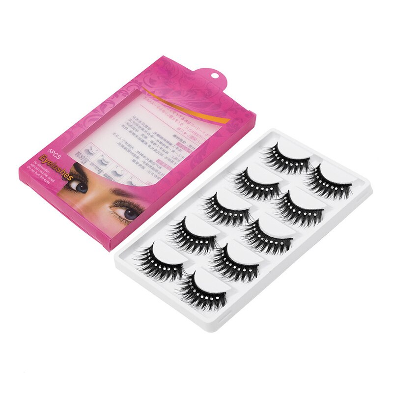 5 par scen makeup förlängning ögonfransar svarta långa med 9 diamanter dekoration lyxig naturlig rörig fluffig volym fransar mycket