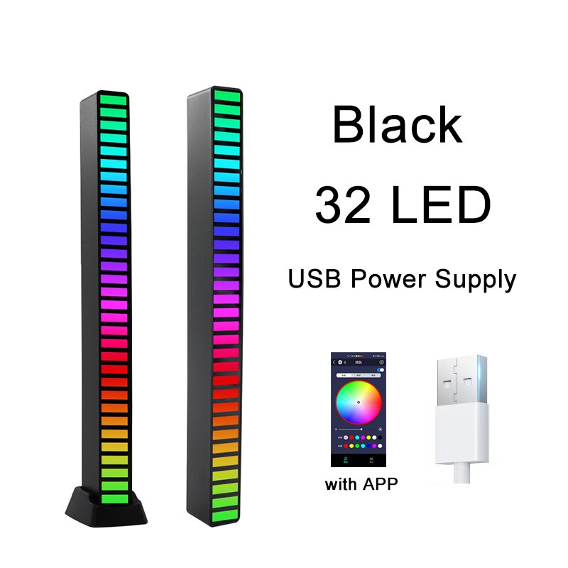 Lumières LED colorées de contrôle du son, rvb, contrôle par application, lumière de ramassage de rythme de musique, DJ Disco, voiture, TV, ordinateur de bureau, décoration: Black with APP
