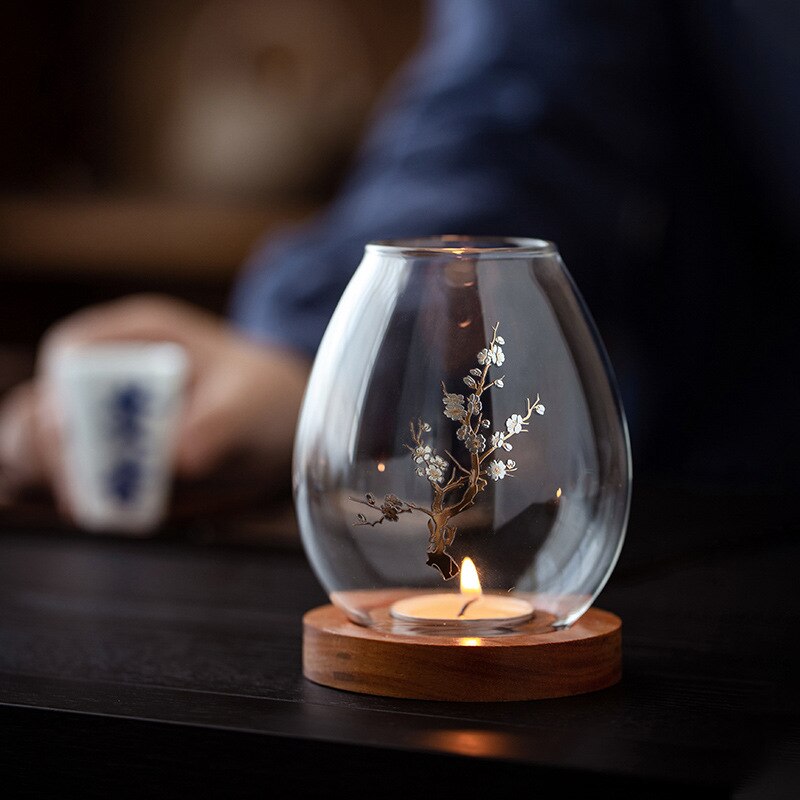 Bougeoir en verre Transparent, couverture de bougie coupe-vent rétro chinois Zen: Plum blossom