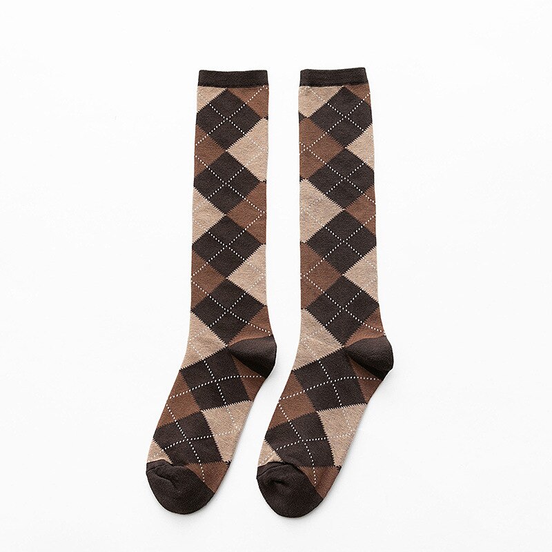 Dreamlikelin Autumn Winter Harajuku Girls Cotton Socks Female Uniform Argyle Socks Wing Rhombus Kawaii High Tube Knee Socks: StyleB Coffee