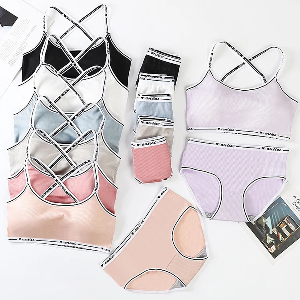 Girls Bra and Panty Sets Teenage Padded Sport Training Bra+Panties Puberty Students Letter Printed Brassiere Underwear Panties