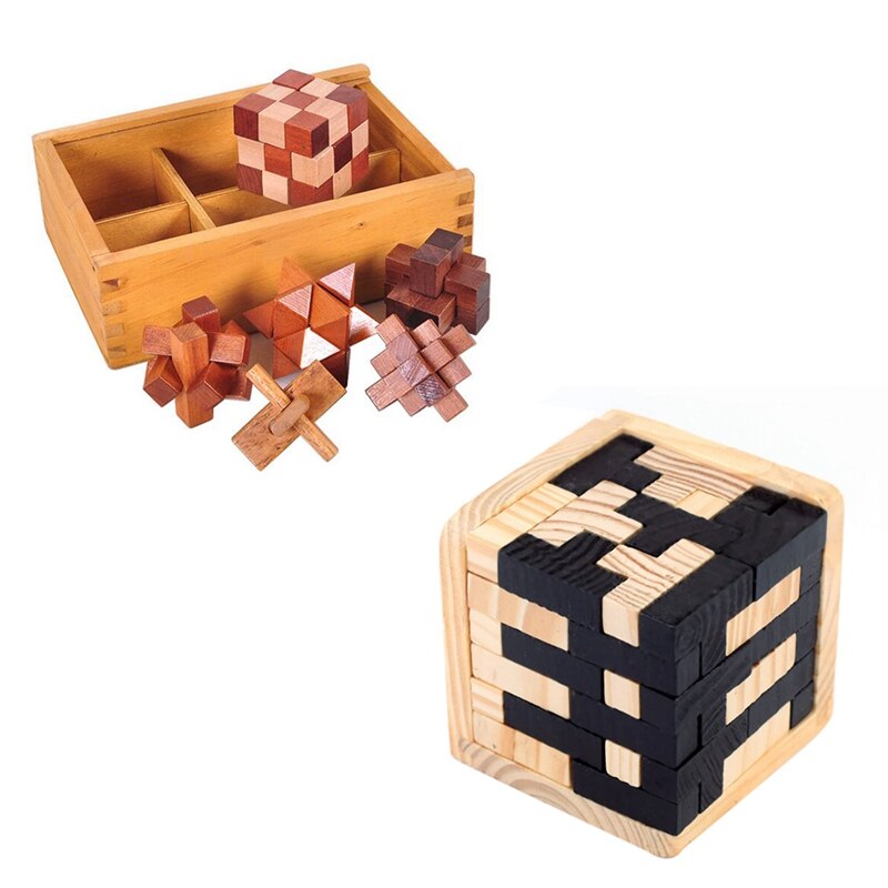 1pcs 3D Wooden Puzzles 54 T-Shaped Blocks Geometric & 6PCS Wooden Puzzle IQ Brain Teaser Burr Interlocking Puzzles