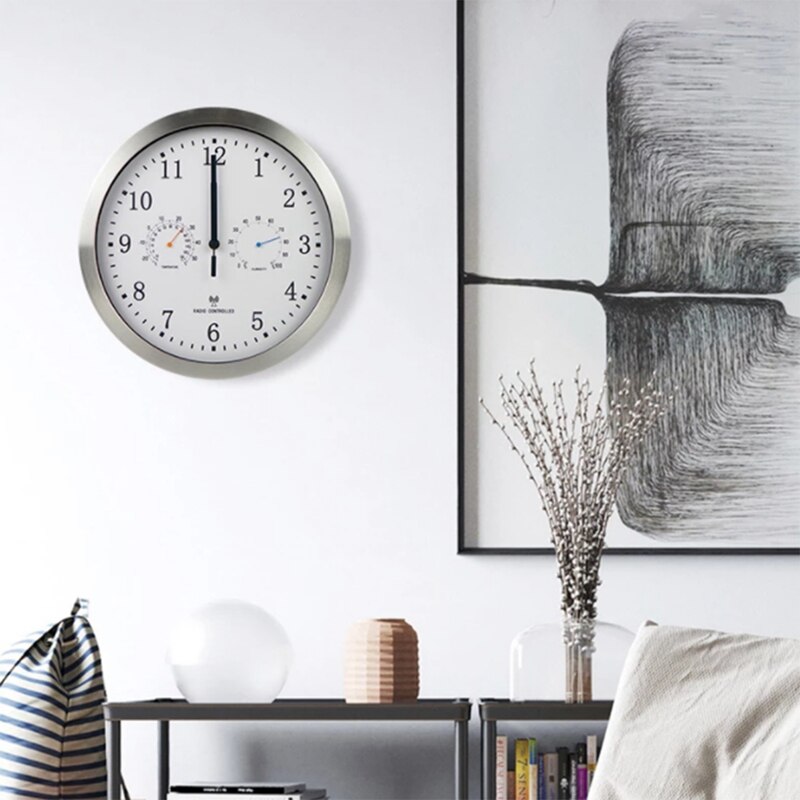 12Inch Clock Automatic Time Adjustment Scanning Radio Controlled Clock Temperature Hygrometer Wall Clock Quiet