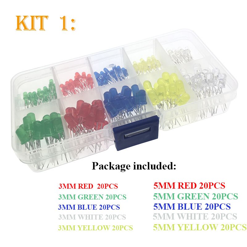 200 stk  / 300 stk 3mm 5mm led kit med kasse blandet farve rød grøn gul blå hvid lysdiode sortiment 20ma: Sæt 1