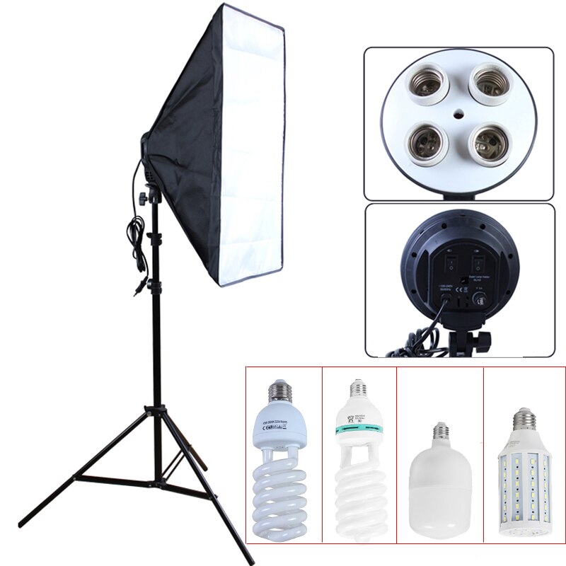 Photo studio 50*70cm Softbox 100-240V Lighting Box E27 4-Lamp-Holder Soft Box with 2m Light Stand photography Kit