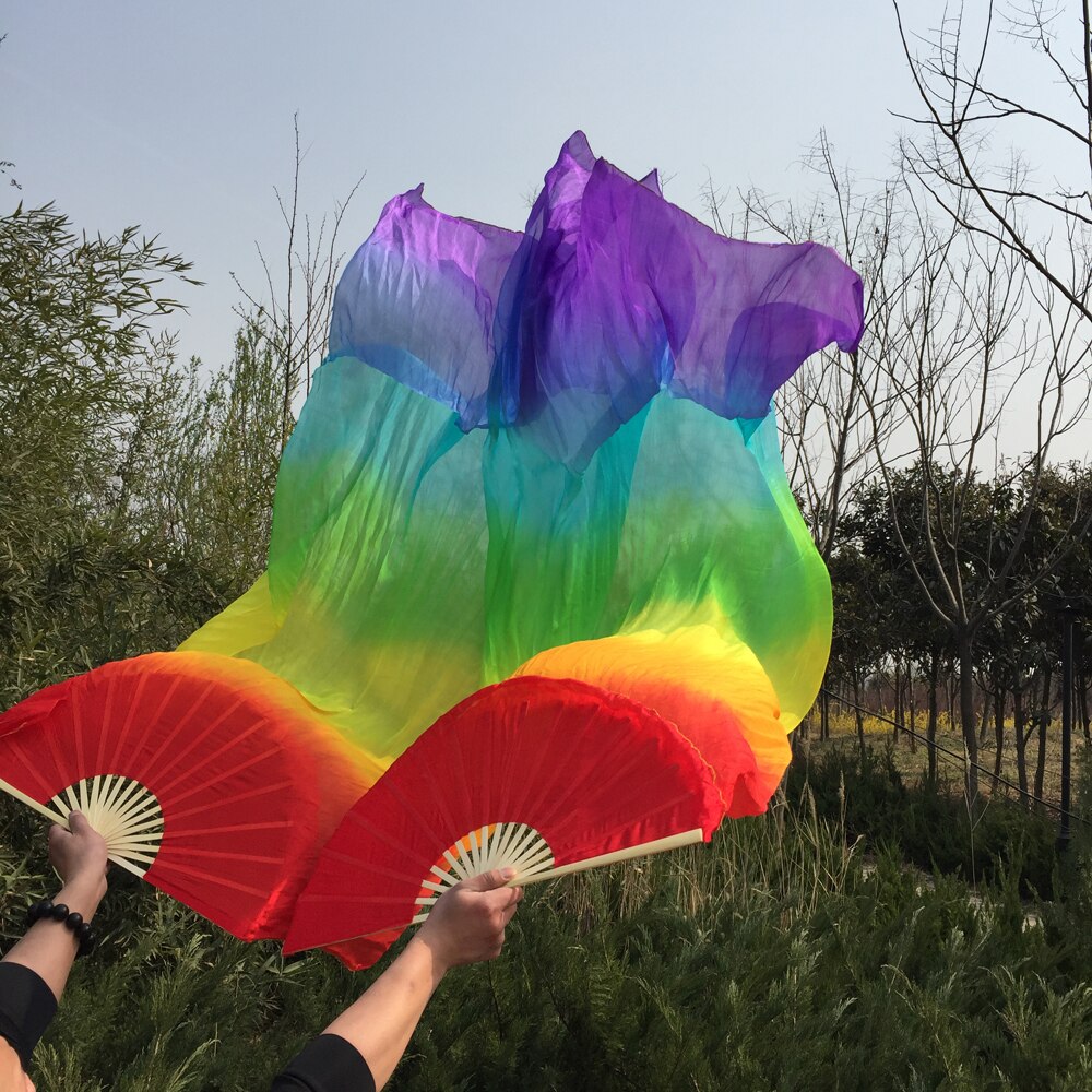 Gratis gemengde Regenboog kleuren 100% echte zijde lange Fan Veils voor Buikdansen of Show