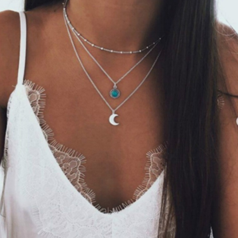 Collar con colgante de rosas de cristal multicapa Tocona, collar con gargantilla de media luna de oro y cuerno de estrella para mujer, joyería