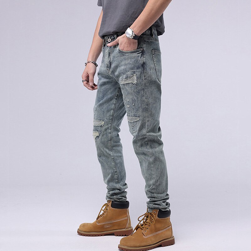 Streetwear Men Jeans Retro Blue Destroyed Patched Ripped Jeans Men Vintage Slim Fit Casual Stretch Denim Pants