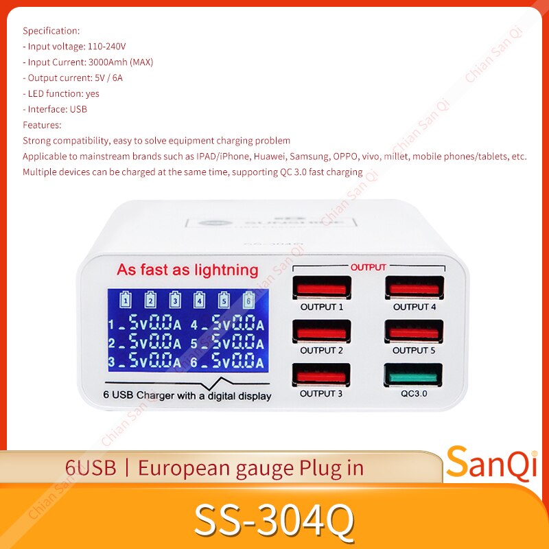 SONNENSCHEIN SS 304Q 6 Hafen LCD USB Ladegerät 2,4 EINE Schnelle Ladung Unterstützung Intelligenz QC 3,0 Kompatibilität IPAD iPhone HUAWEI XIAOMI: EU Stecker in
