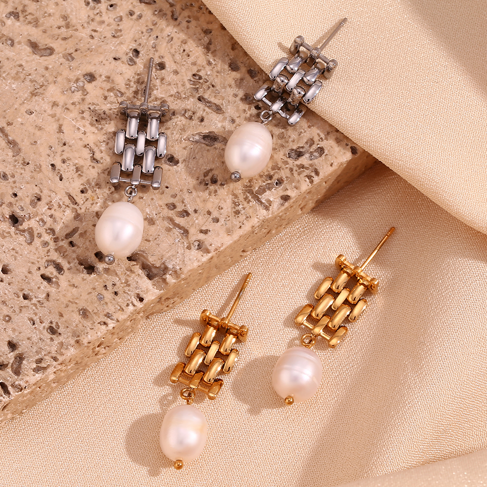 E.B.belle Watch Chain Egg Shape Pearl Pendant Stud Earring Gold Color Stainless Steel Accessories 18K Gold Plated Women